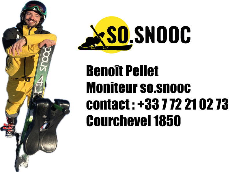 Benoît Pellet, moniteur So Snooc à Courchevel 1850, avec un Snooc et le logo, prêt pour une descente alpine.